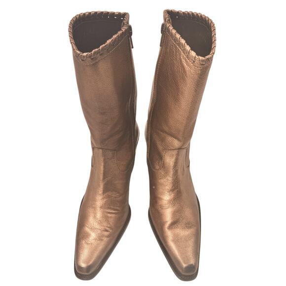 Stuart Weitzman Gold Leather Cowboy Boot 7 M Whipstitch Coastal Cowgirl Designer - Picture 9 of 16